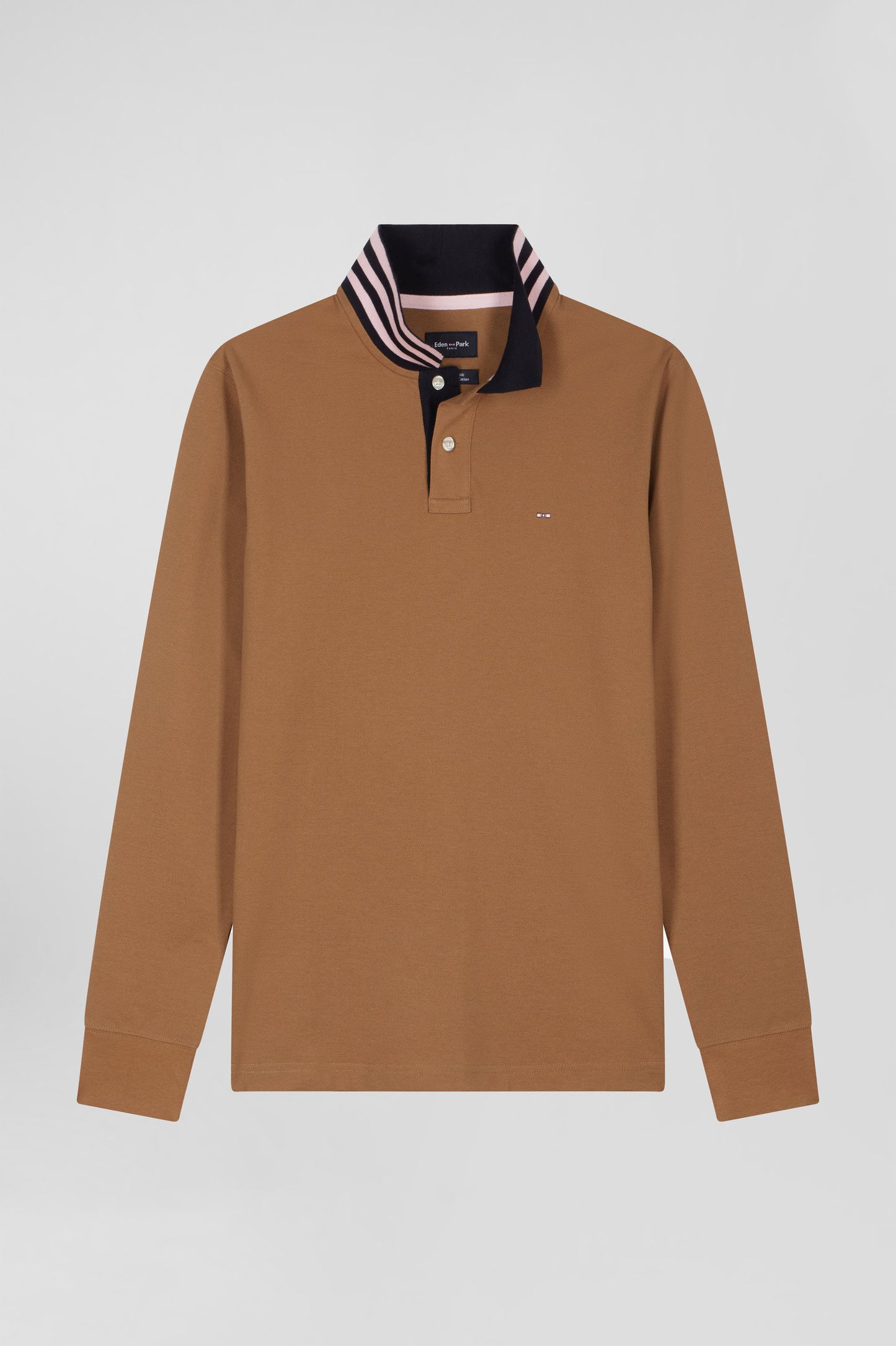 Long-sleeved polo shirt in hazelnut cotton piqué with ring collar Regular fit