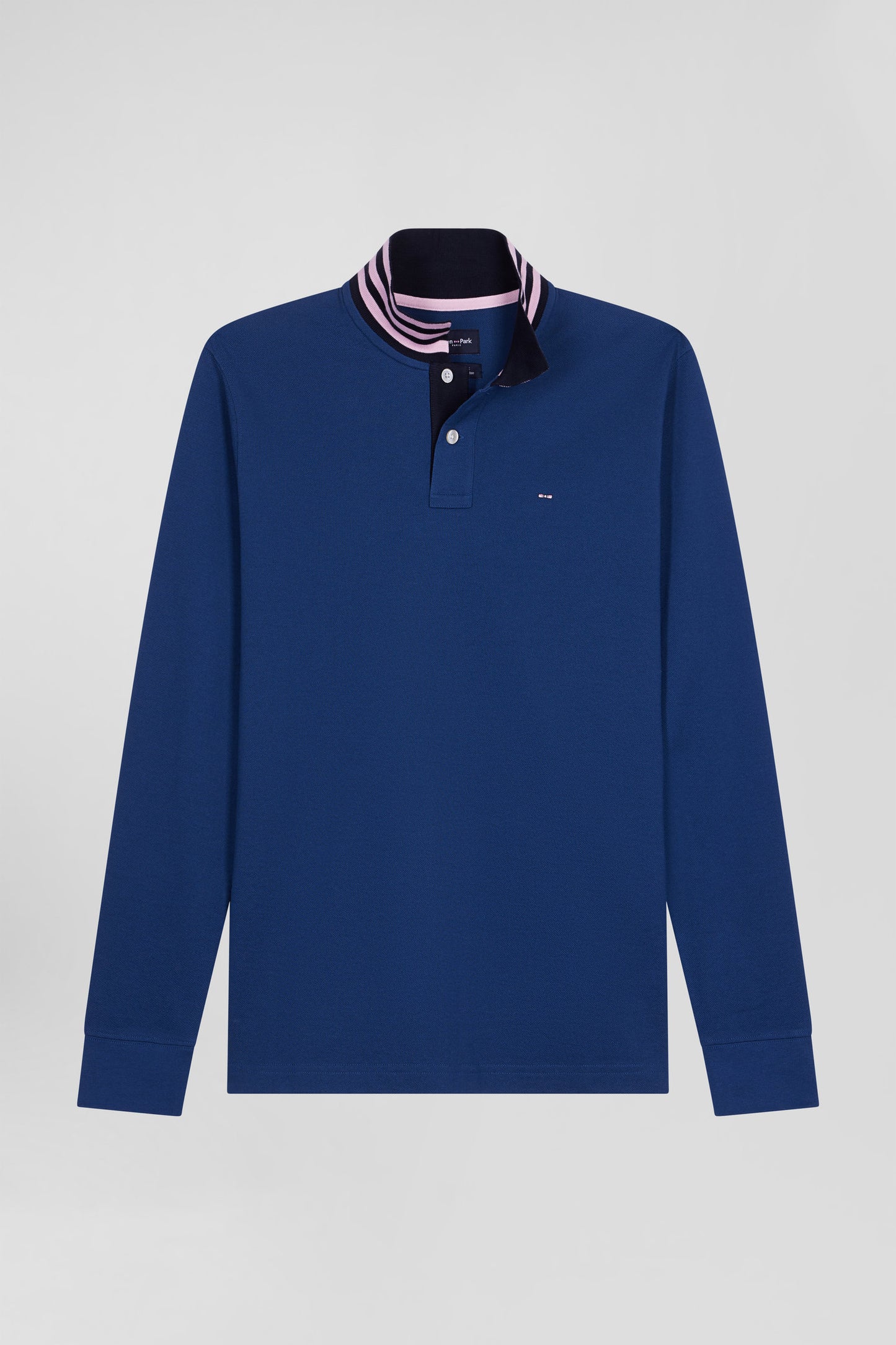 Regular dark blue long-sleeved cotton piqué polo shirt with striped collar