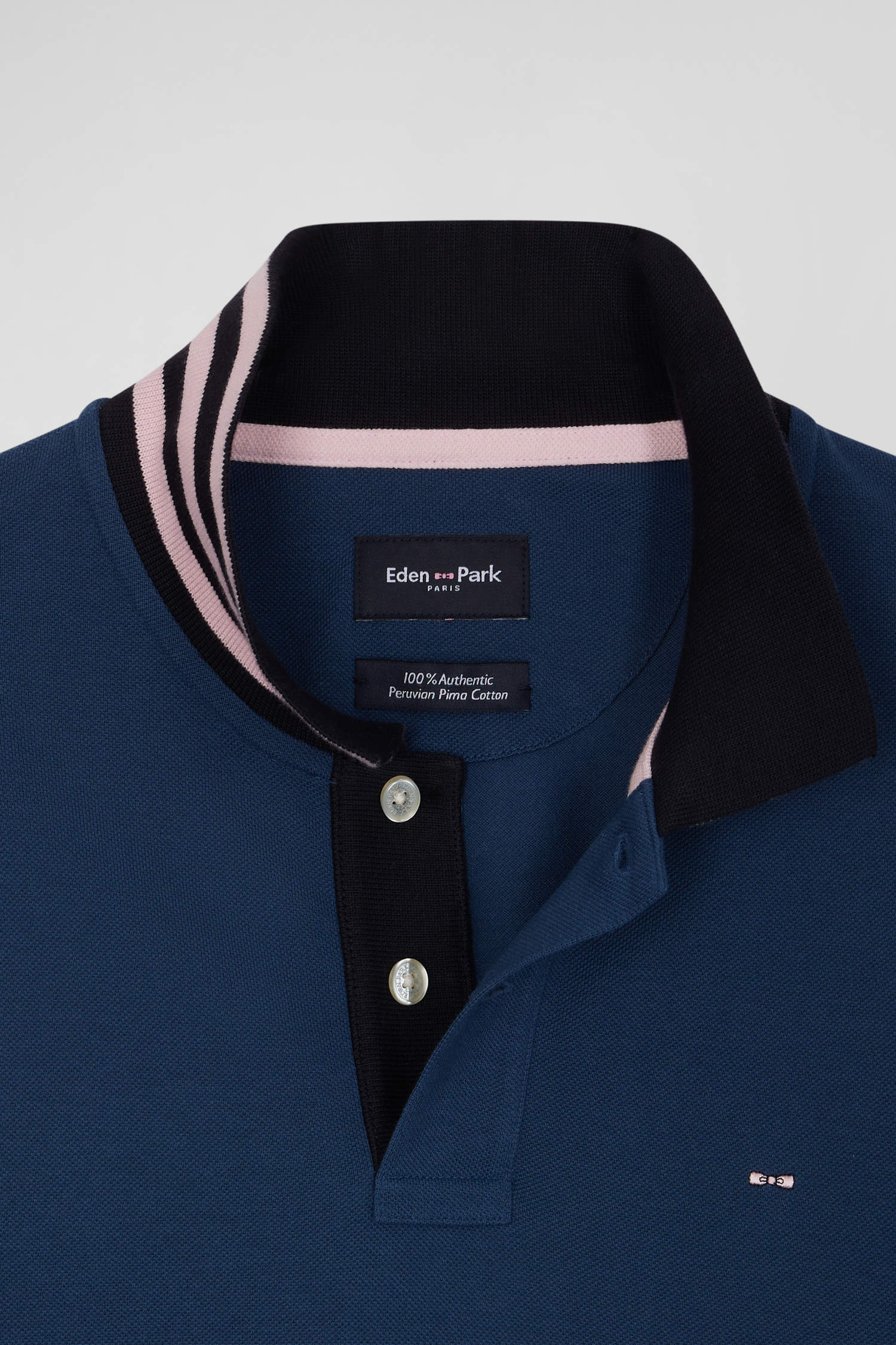 Polo manches longues en piqué coton bleu foncé col cerclé coupe Regular