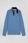 Regular sky blue long-sleeved cotton piqué polo shirt with striped collar