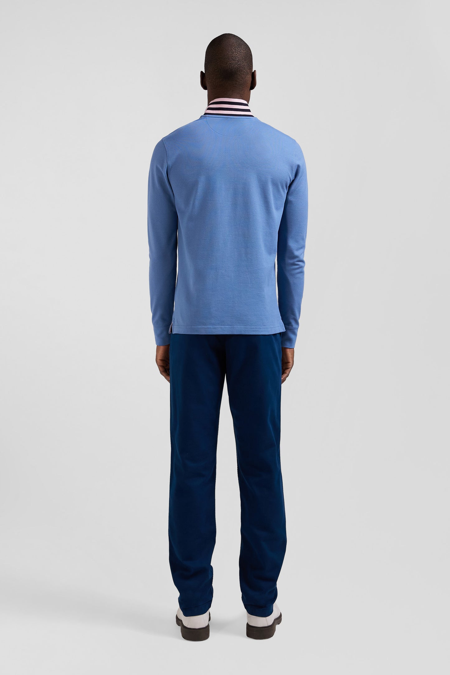 Regular sky blue long-sleeved cotton piqué polo shirt with striped collar