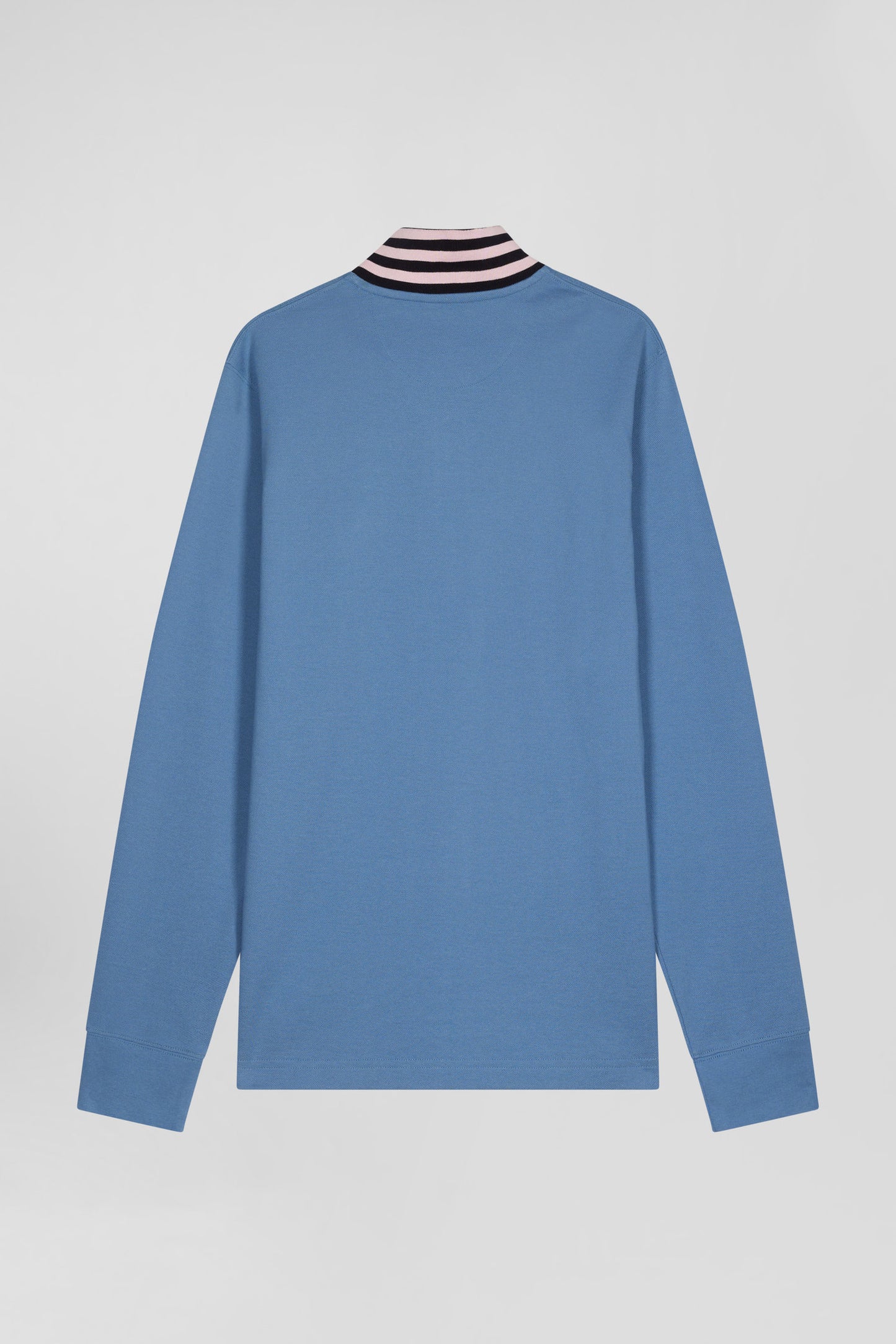 Regular sky blue long-sleeved cotton piqué polo shirt with striped collar