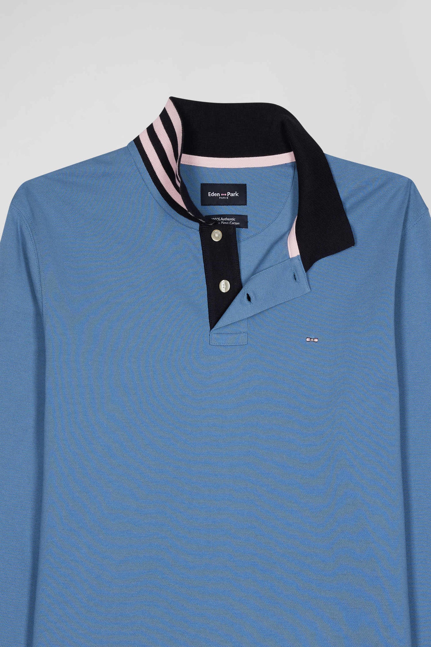 Regular sky blue long-sleeved cotton piqué polo shirt with striped collar