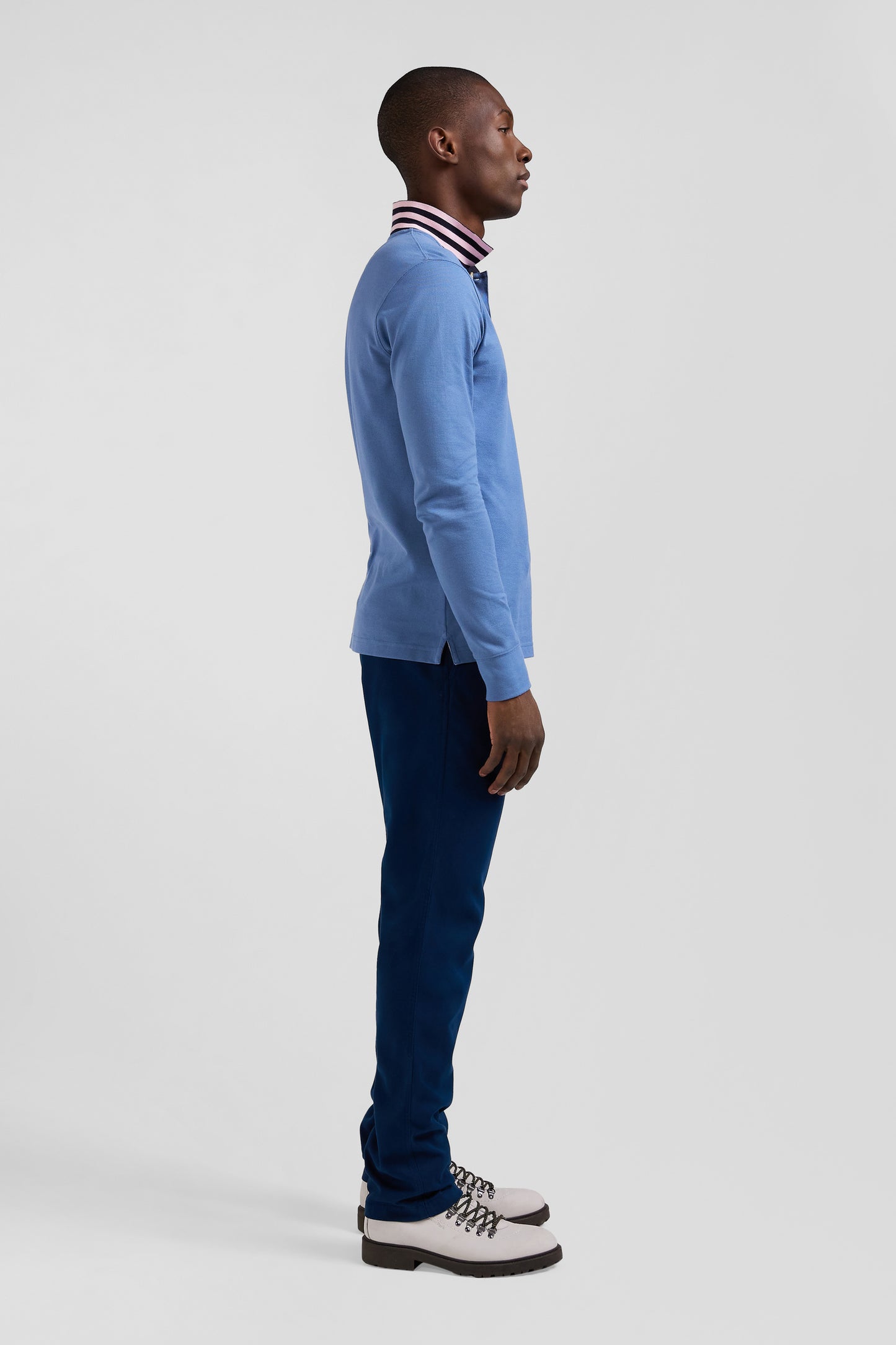 Regular sky blue long-sleeved cotton piqué polo shirt with striped collar