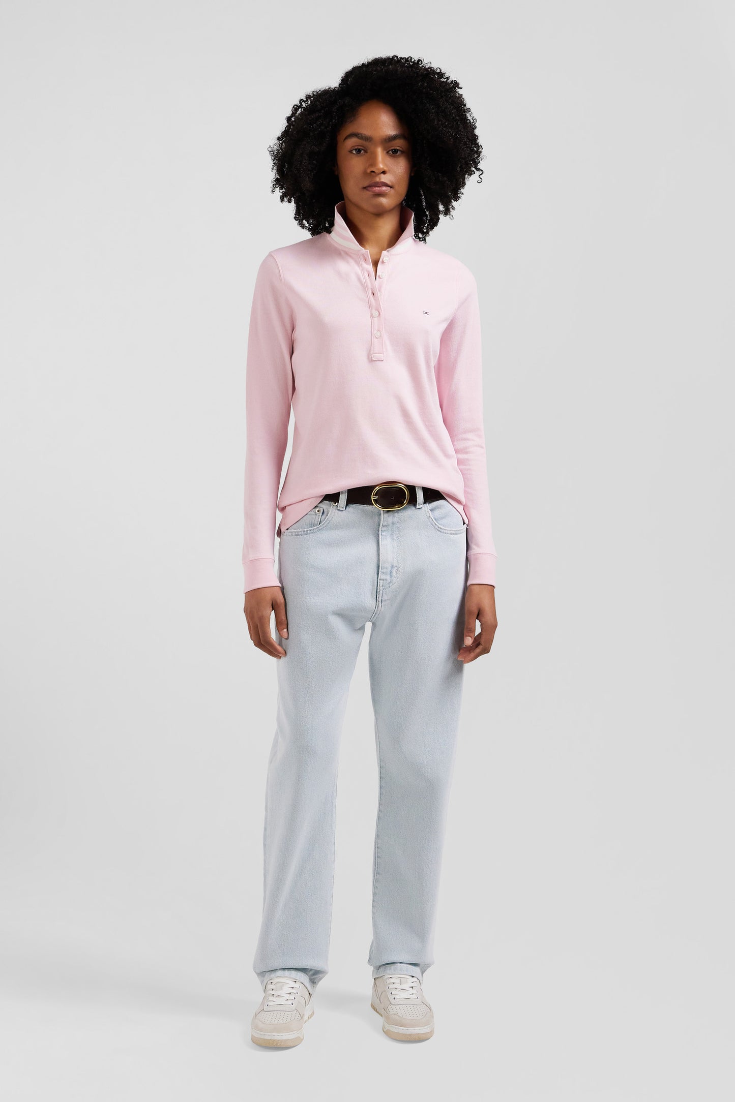 Polo manches longues en piqué coton stretch rose coupe Slim