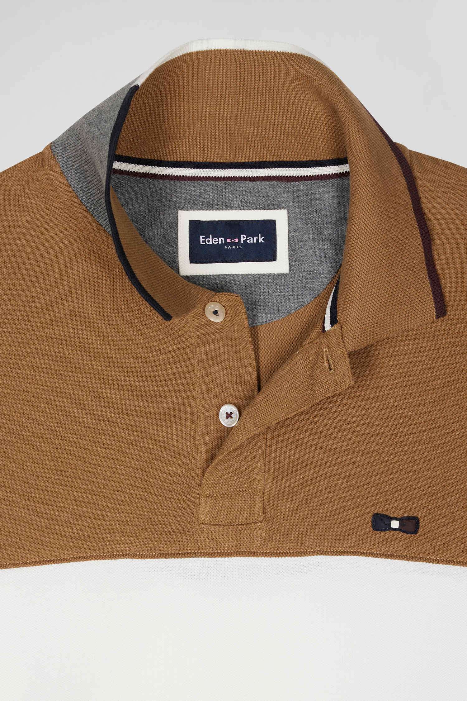 Polo manches longues colorblock en piqué coton camel coupe Regular