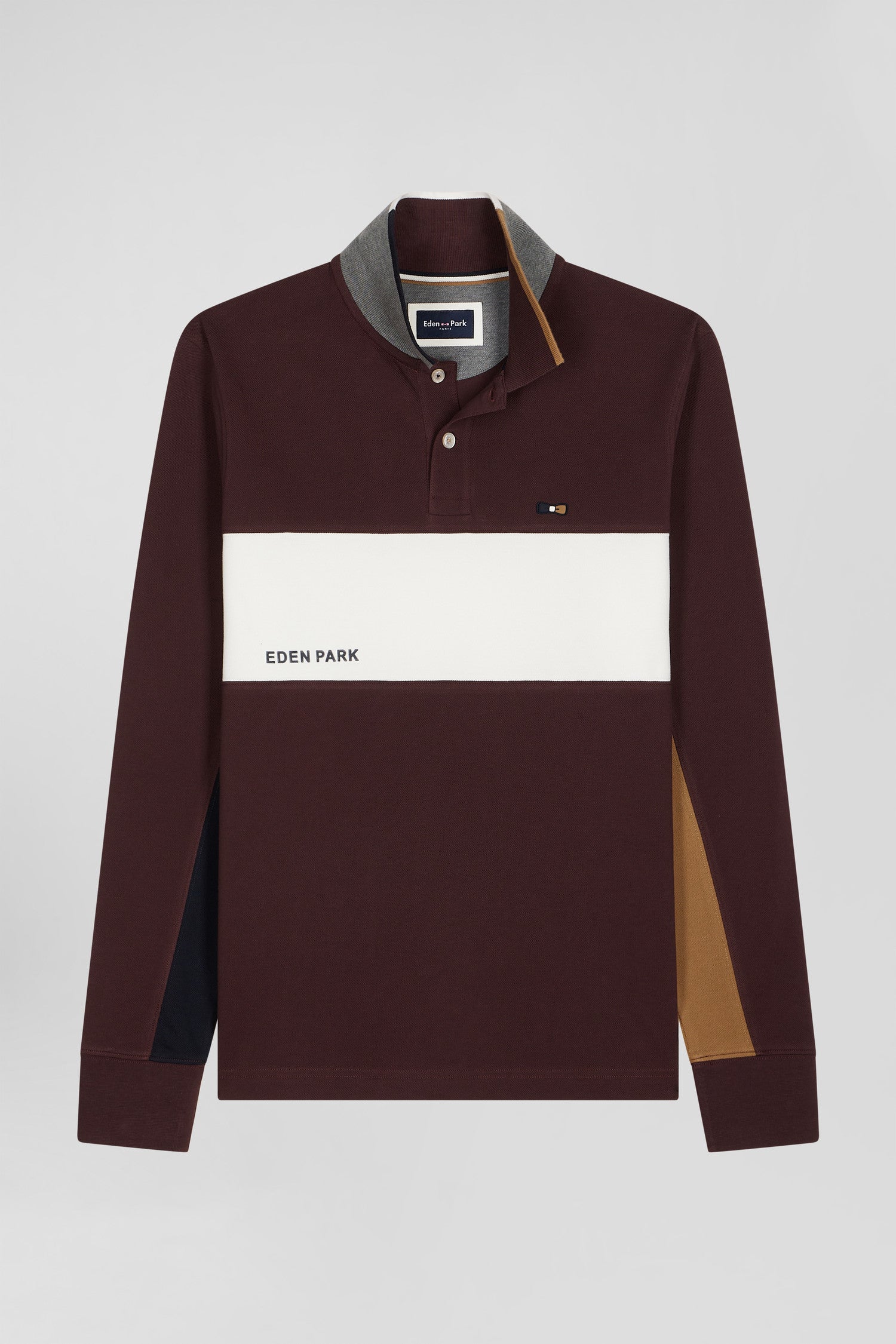 Polo manches longues colorblock en piqué coton bordeaux coupe Regular