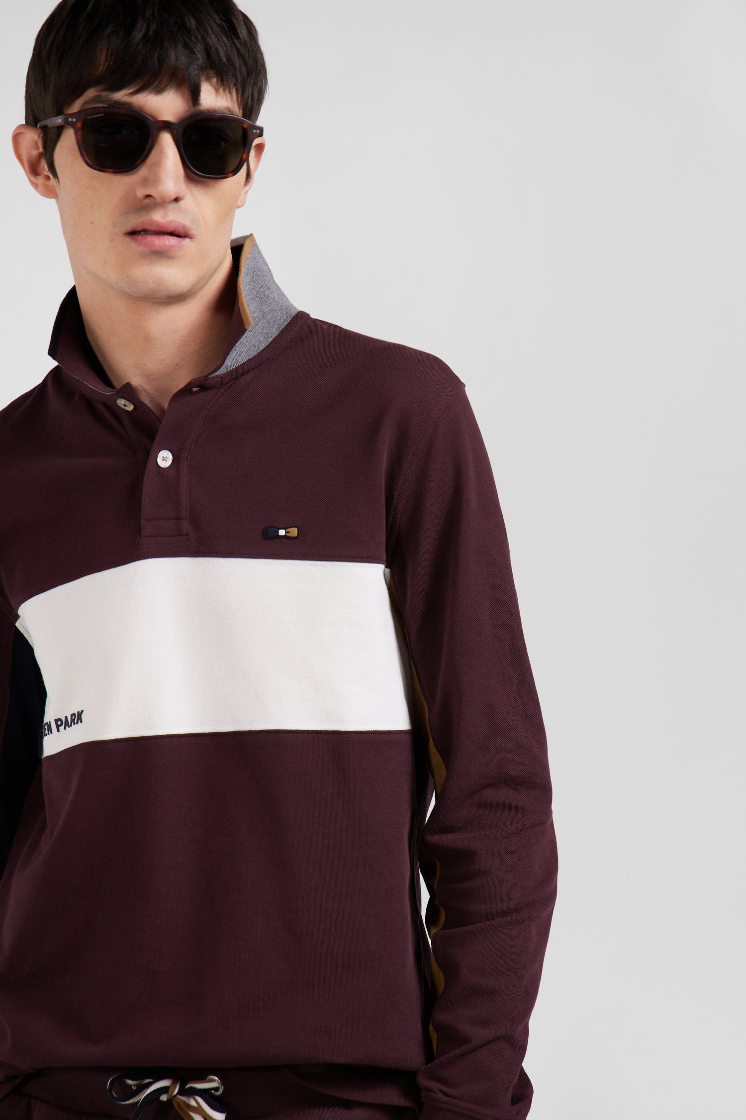 Polo manches longues colorblock en piqué coton bordeaux coupe Regular