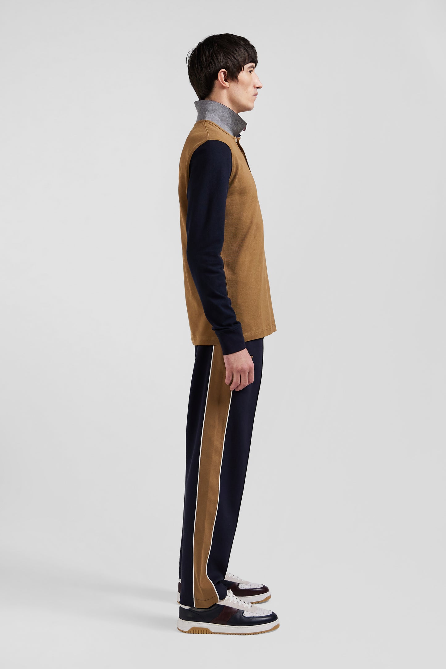 Polo manches longues en piqué coton bicolore noisette col jacquard coupe Regular