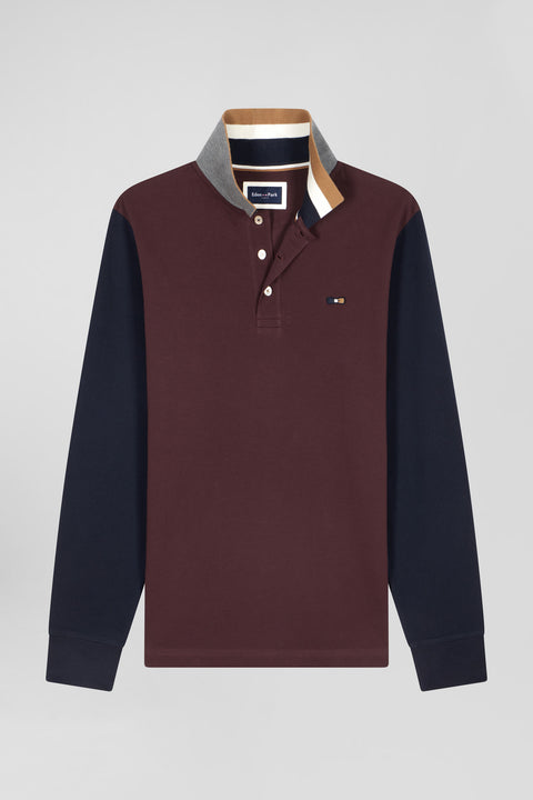 Polo manches longues en piqué coton bicolore bordeaux col jacquard coupe Regular - Image 2