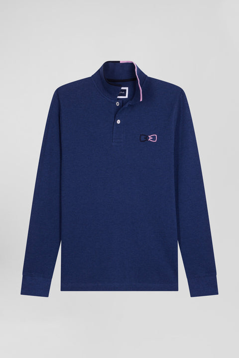 Regular navy blue long-sleeved cotton piqué polo shirt with pink details - Image 2