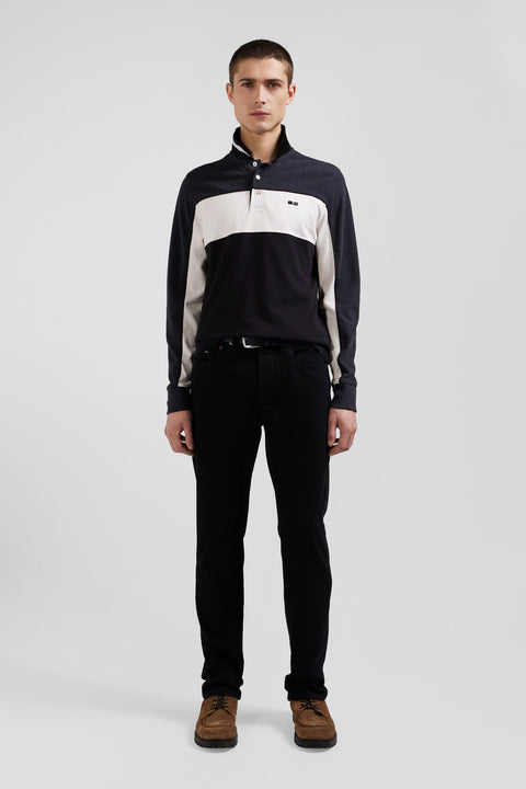 Polo manches longues tricolore en piqué coton noir coupe Regular - Image 1
