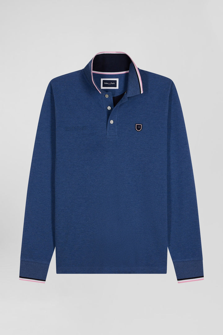 Polo manches longues en piqué coton bleu foncé détails tricolores coupe Regular