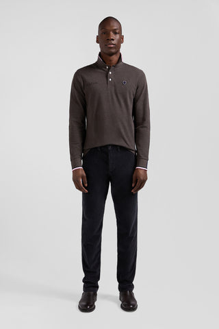 Regular brown long-sleeved cotton piqué polo shirt with tricolor details