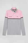 Polo manches longues bicolore en piqué coton rose coupe Regular