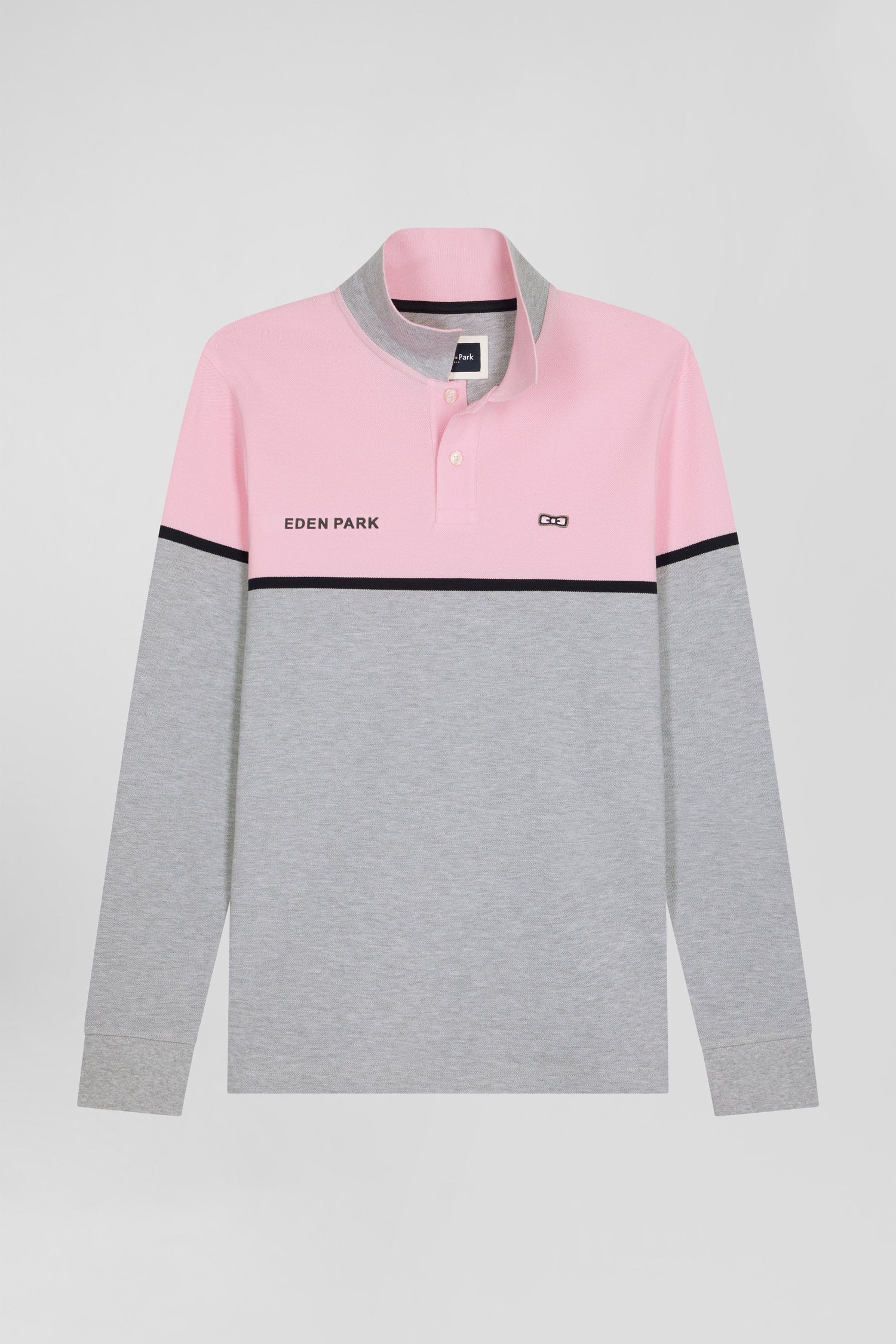 Polo manches longues bicolore en piqué coton rose coupe Regular