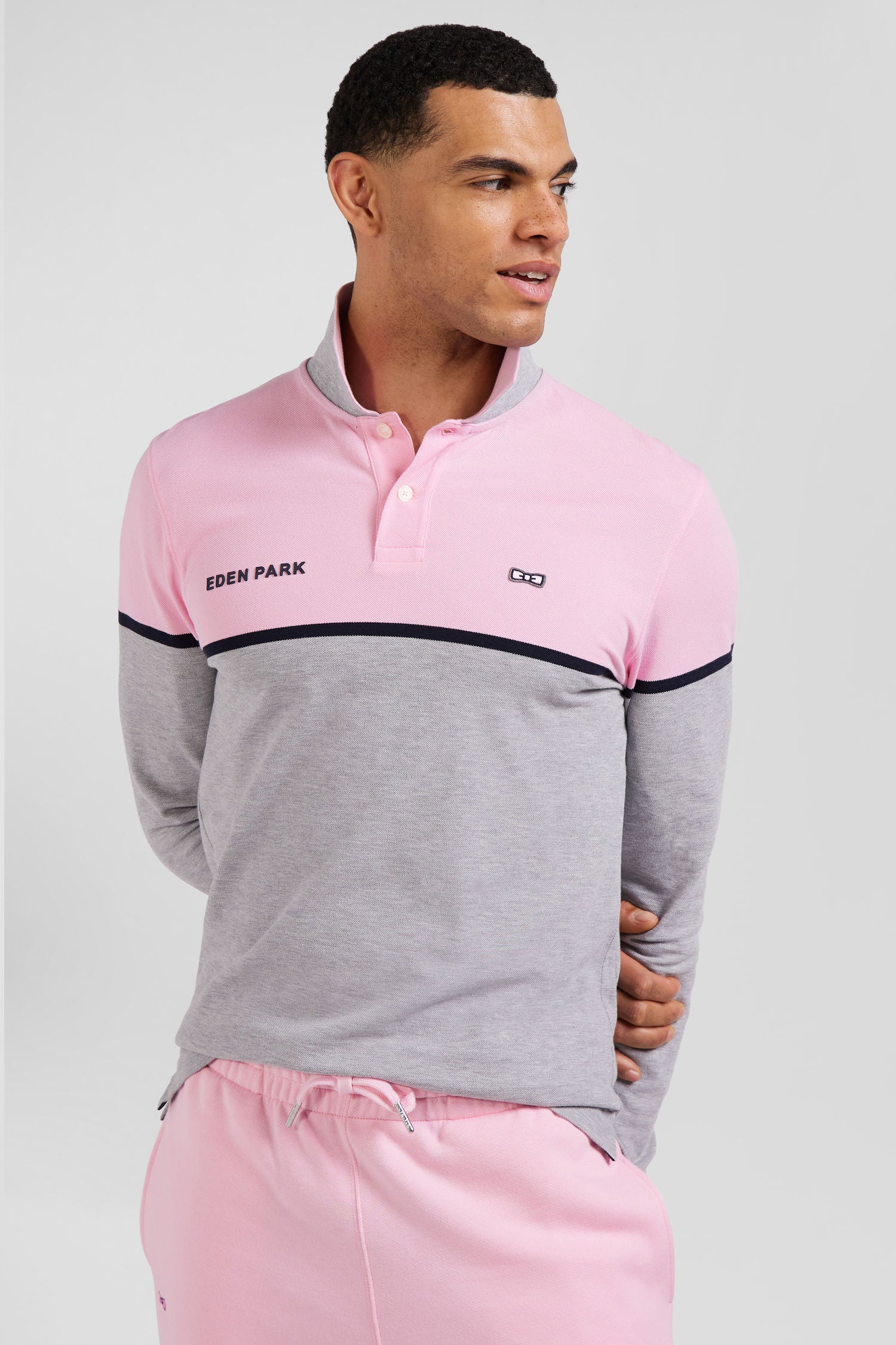 Polo manches longues bicolore en piqué coton rose coupe Regular