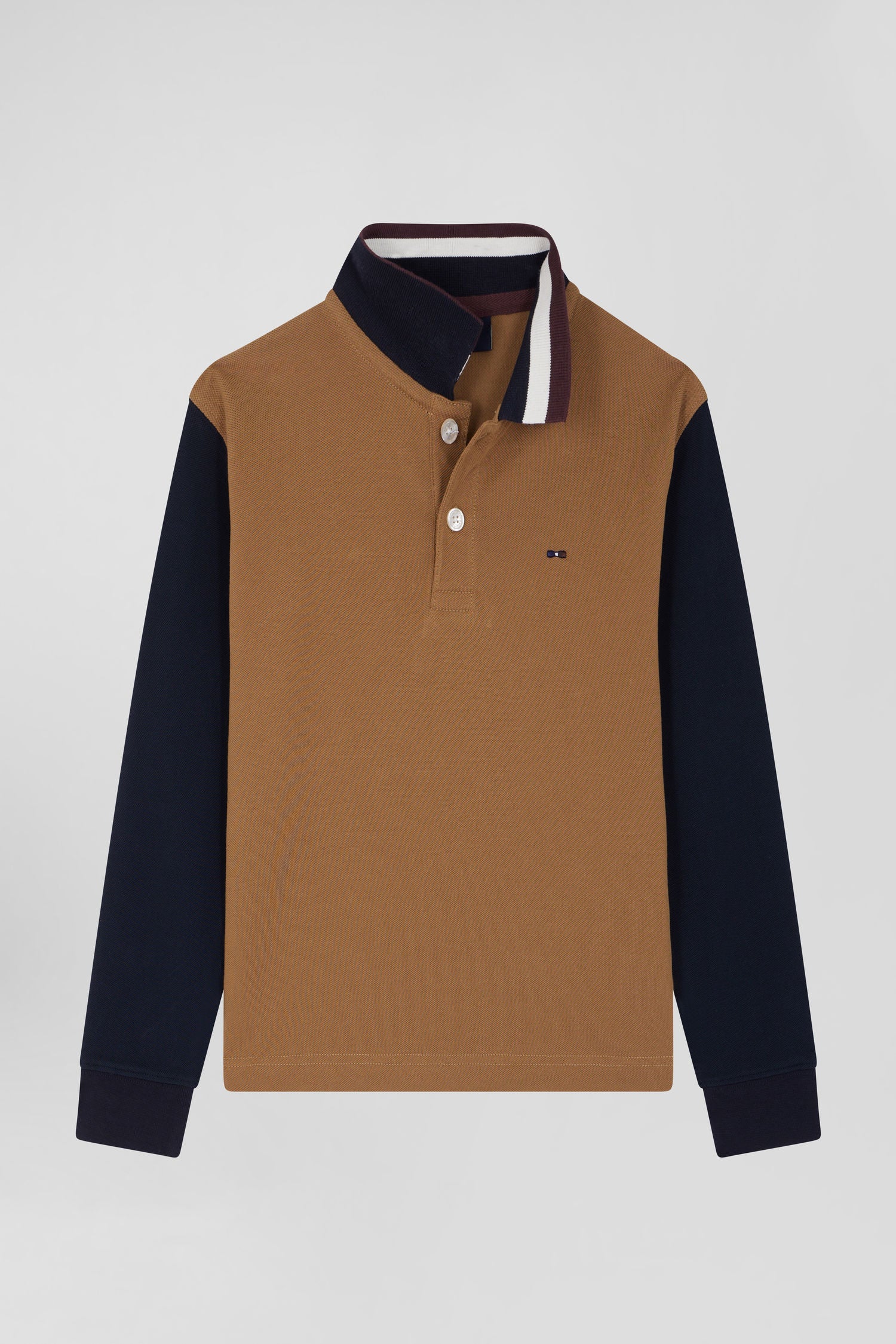 Polo manches longues en piqué coton camel col tricolore jacquard Eden Park coupe Regular