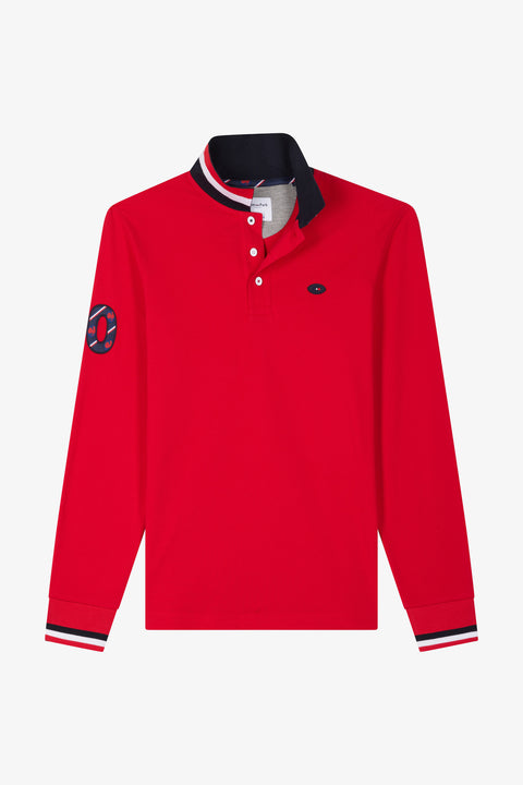Regular red long-sleeved cotton piqué polo shirt with XV de France embroidery - Image 2