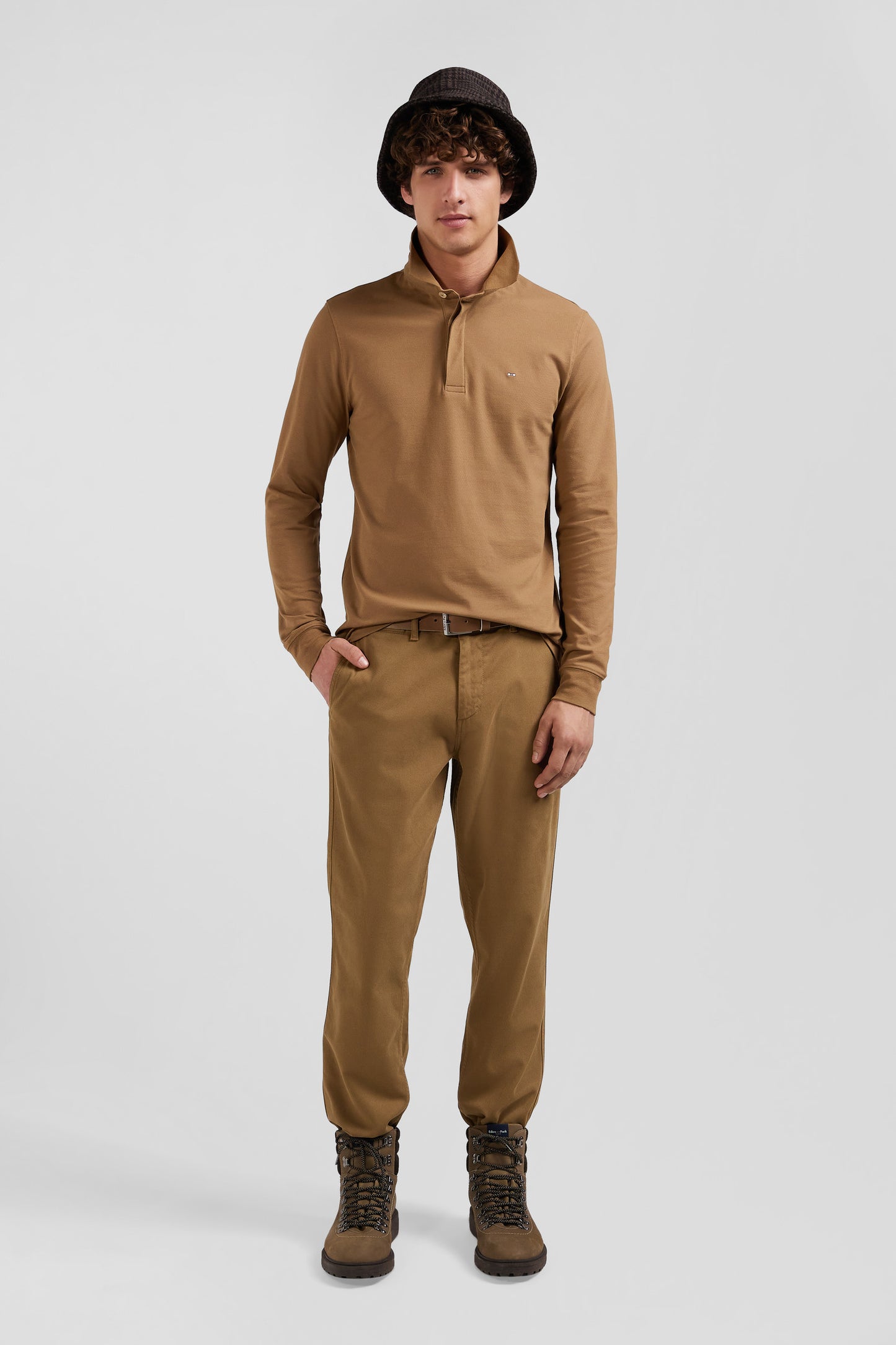 Polo manches longues en piqué coton noisette coupe Slim