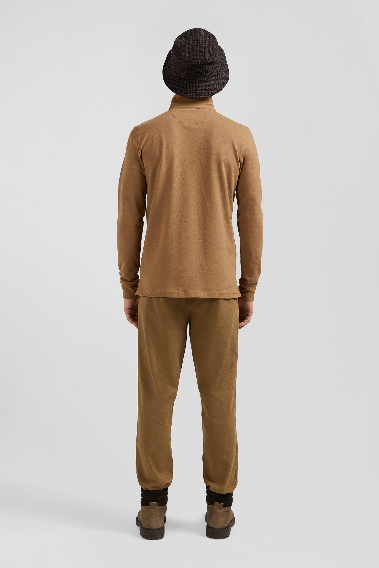 Slim camel long-sleeved cotton piqué polo shirt