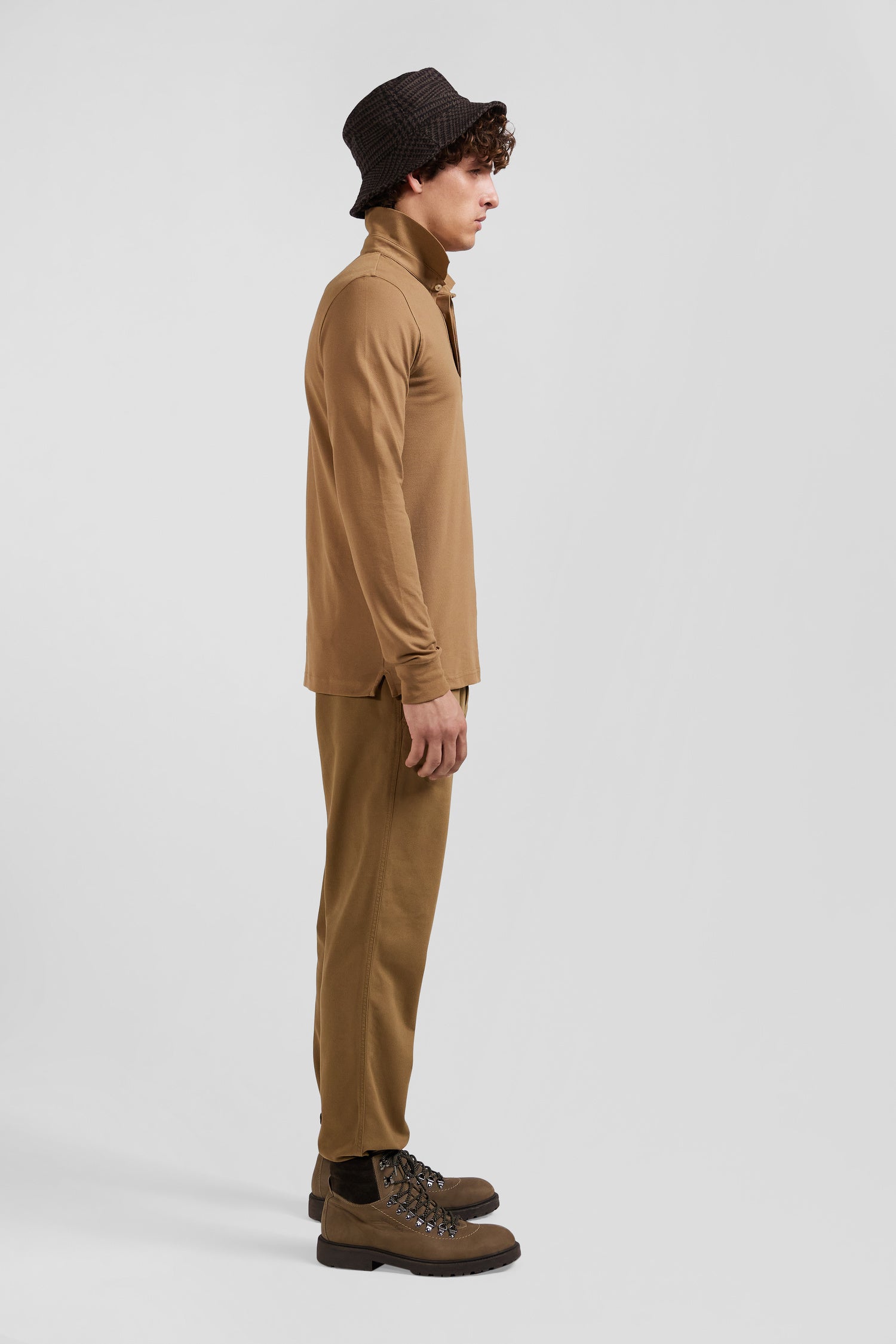 Slim camel long-sleeved cotton piqué polo shirt