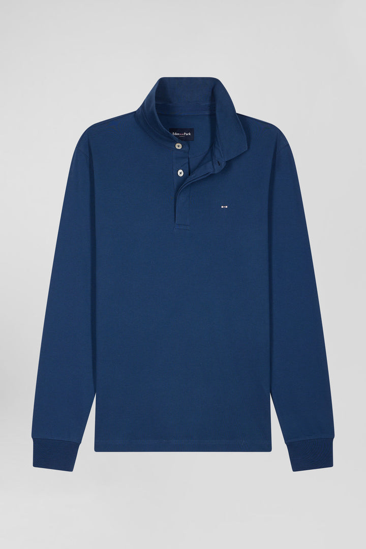 Polo manches longues en piqué coton bleu foncé coupe Slim