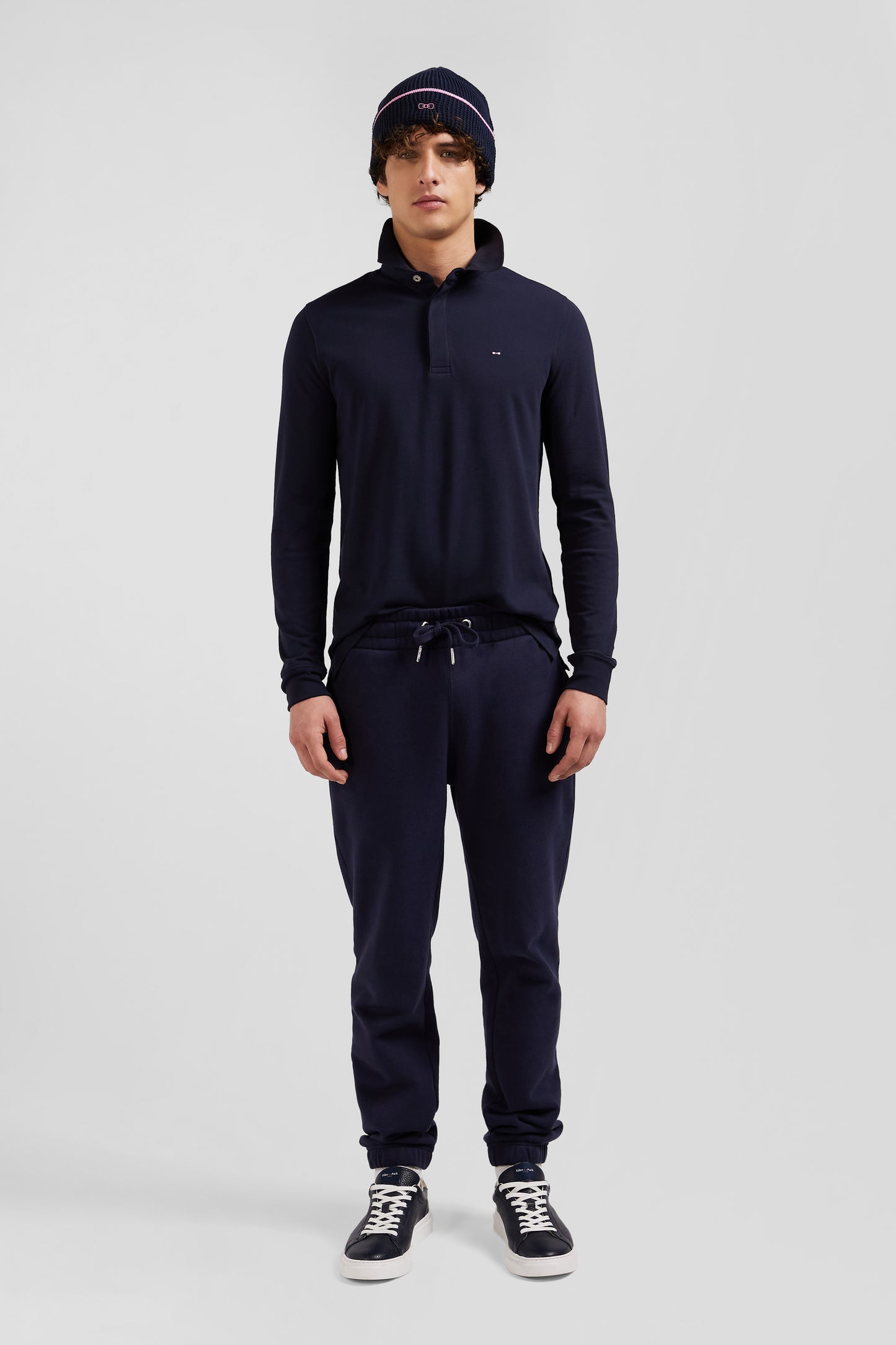 Slim navy blue long-sleeved cotton piqué polo shirt