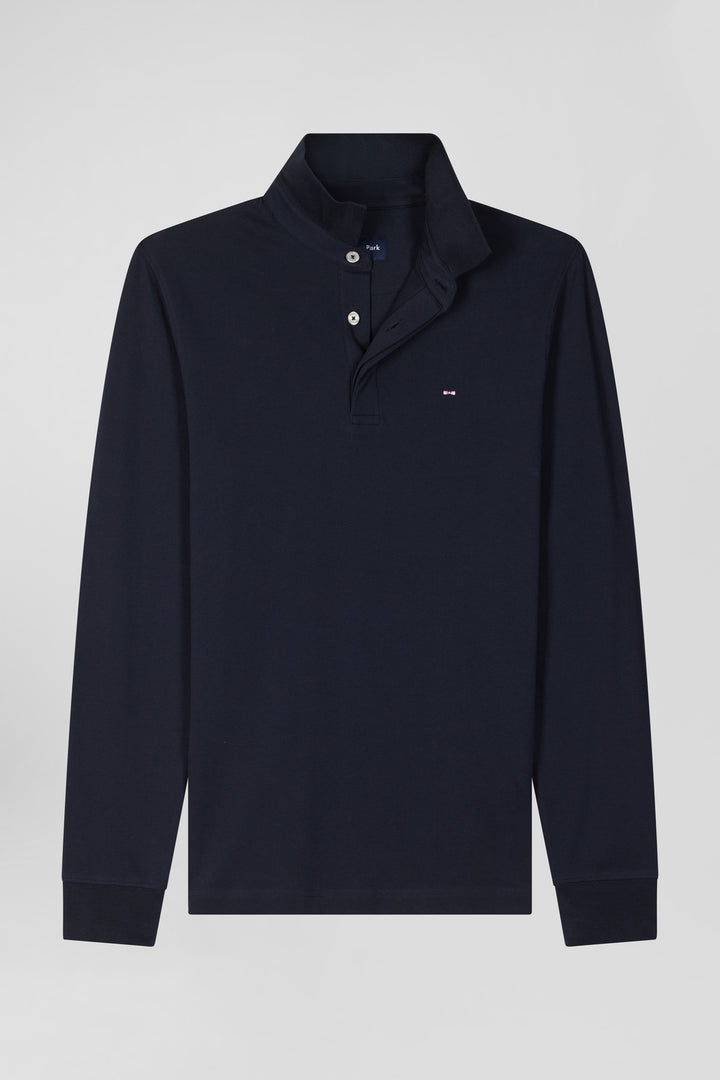 Polo manches longues en piqué coton bleu marine coupe Slim