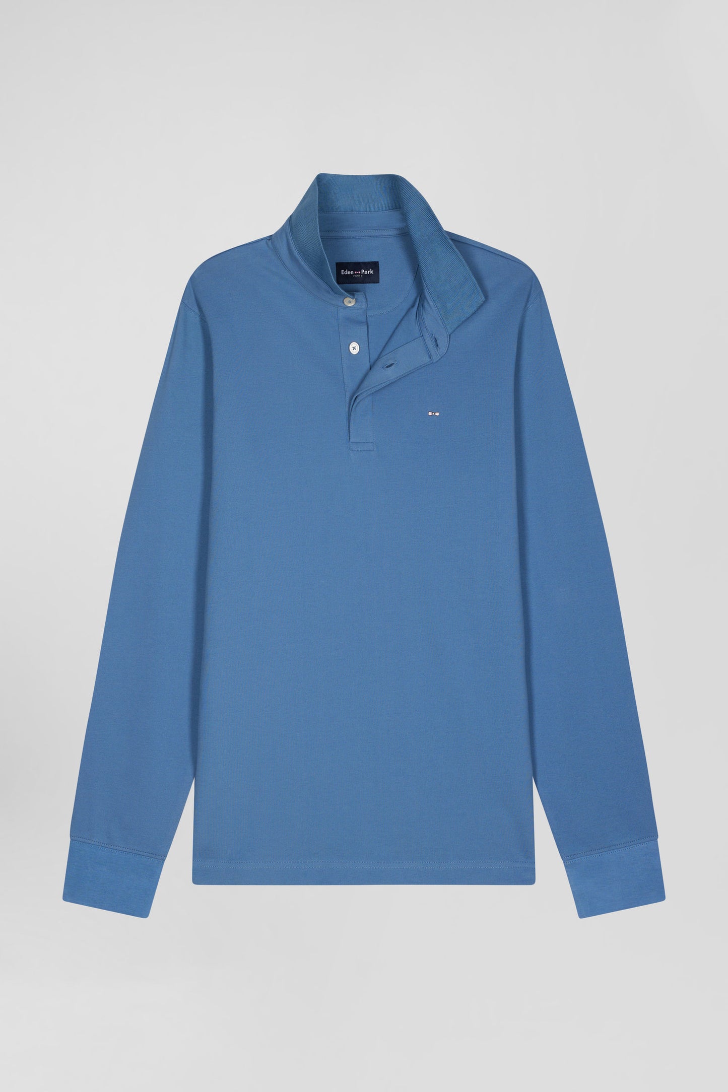 Polo manches longues en piqué coton bleu coupe Slim