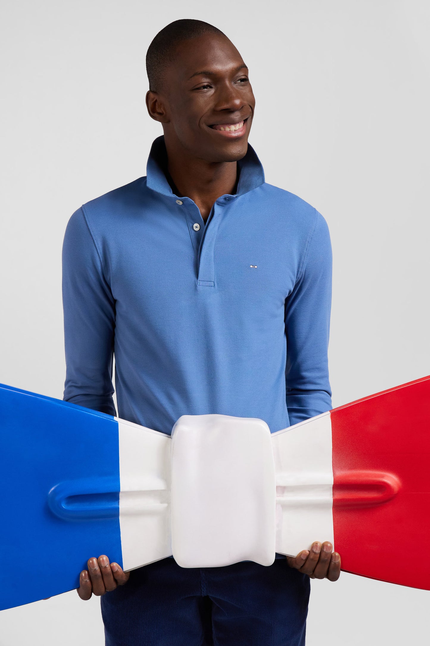 Polo manches longues en piqué coton bleu coupe Slim