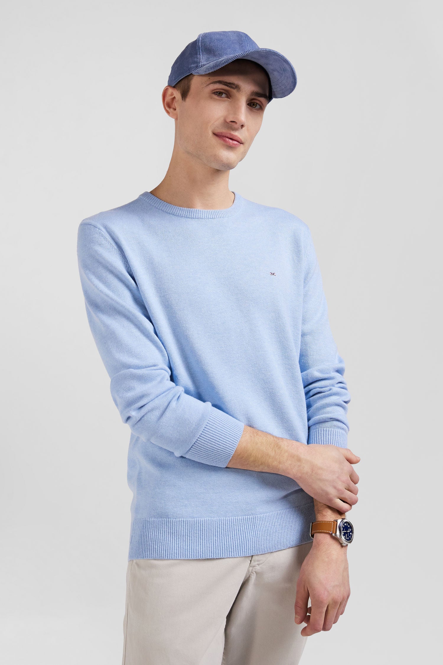 Pull col rond en laine et coton ciel coupe Regular