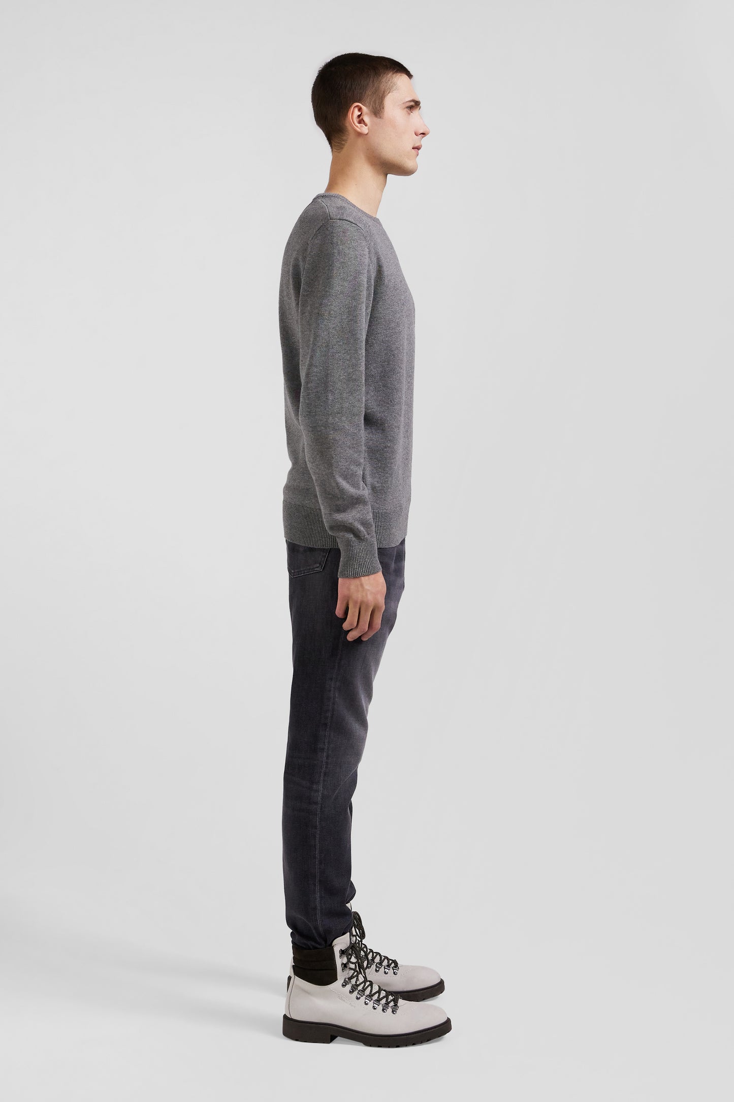 Regular light grey wool and cotton crew neck jumper