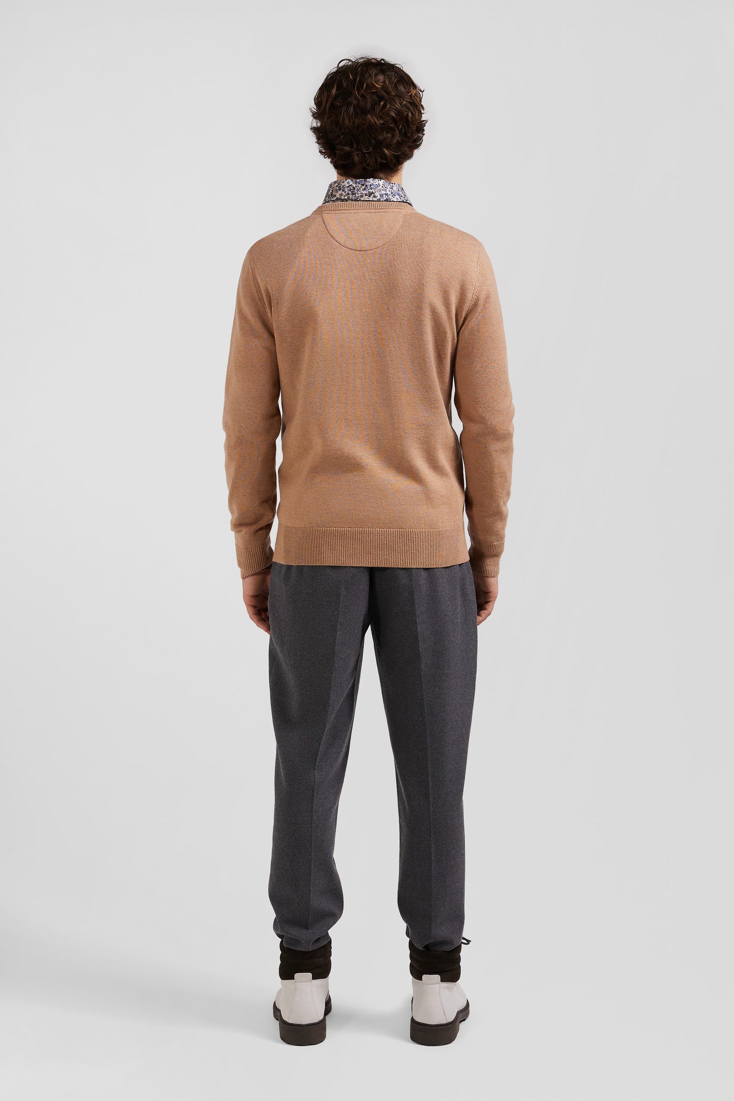Regular camel wool and cotton crew neck jumper