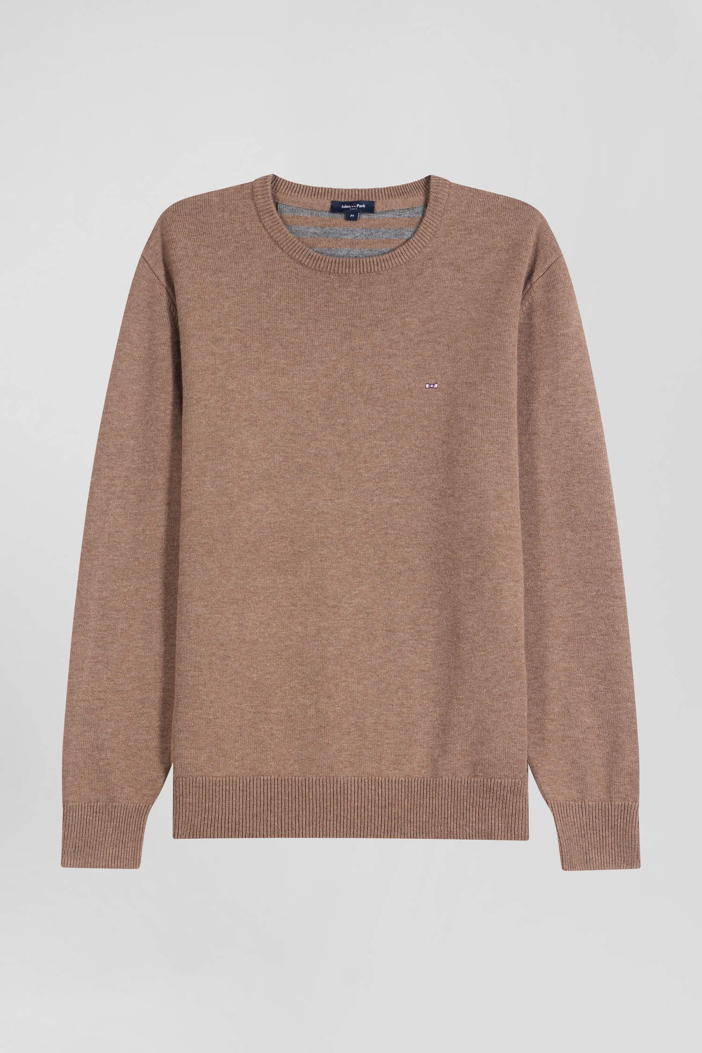 Pull col rond en laine et coton marron coupe Regular