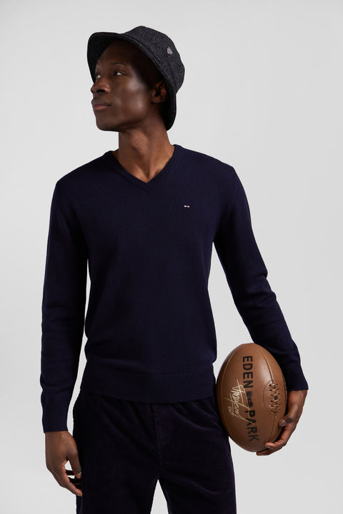 Regular navy wool and cotton V-neck jumper with striped details - Image 3