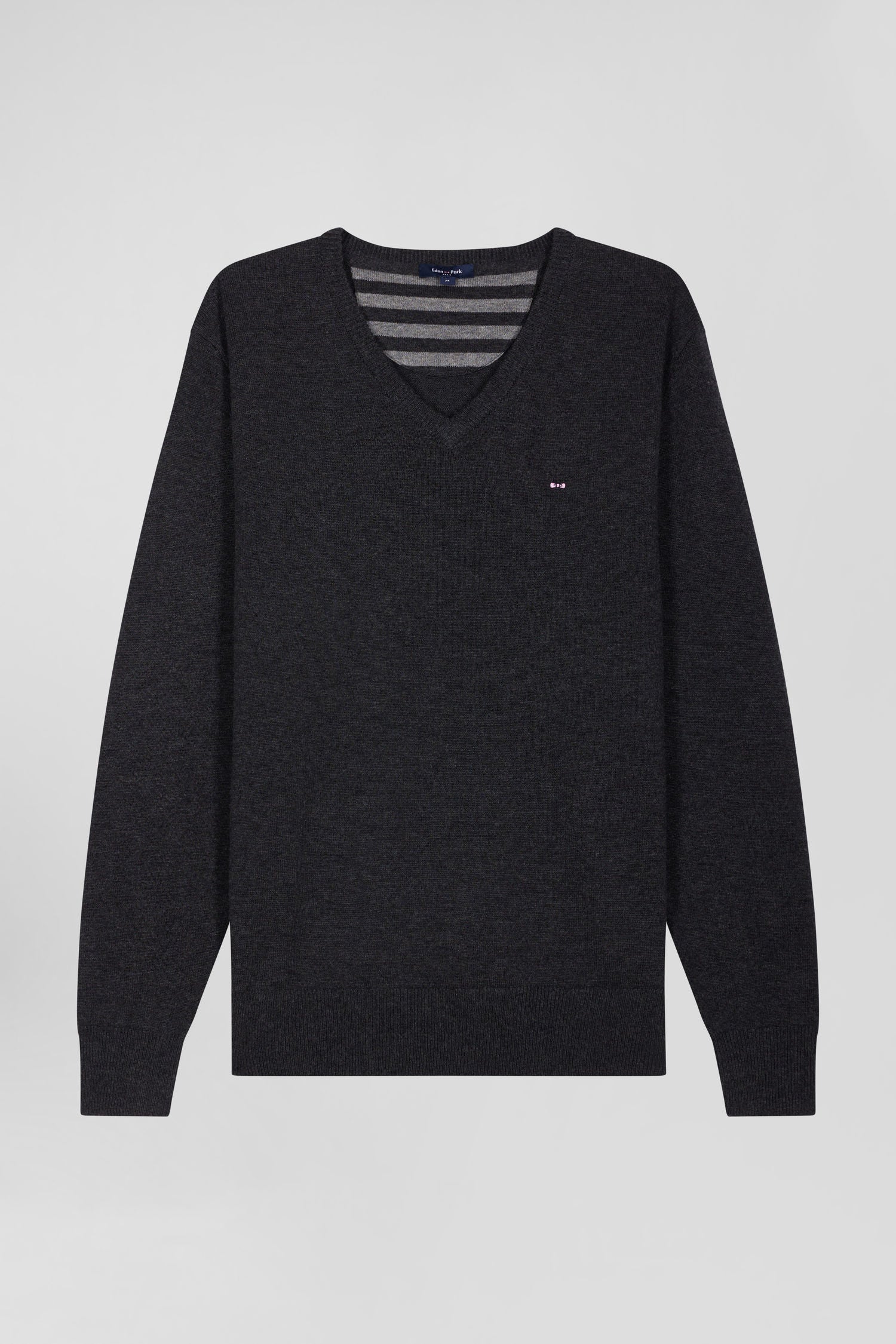 Regular anthracite grey wool and cotton V-neck jumper with striped details