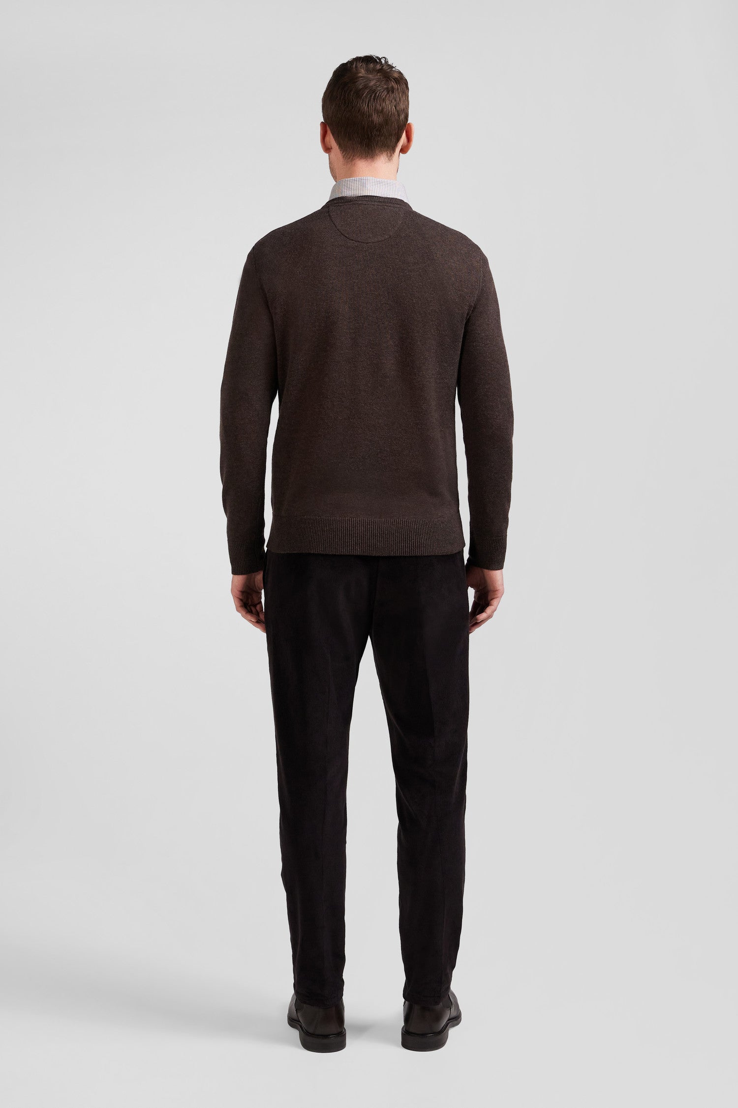 Regular brown wool and cotton V-neck jumper with striped details