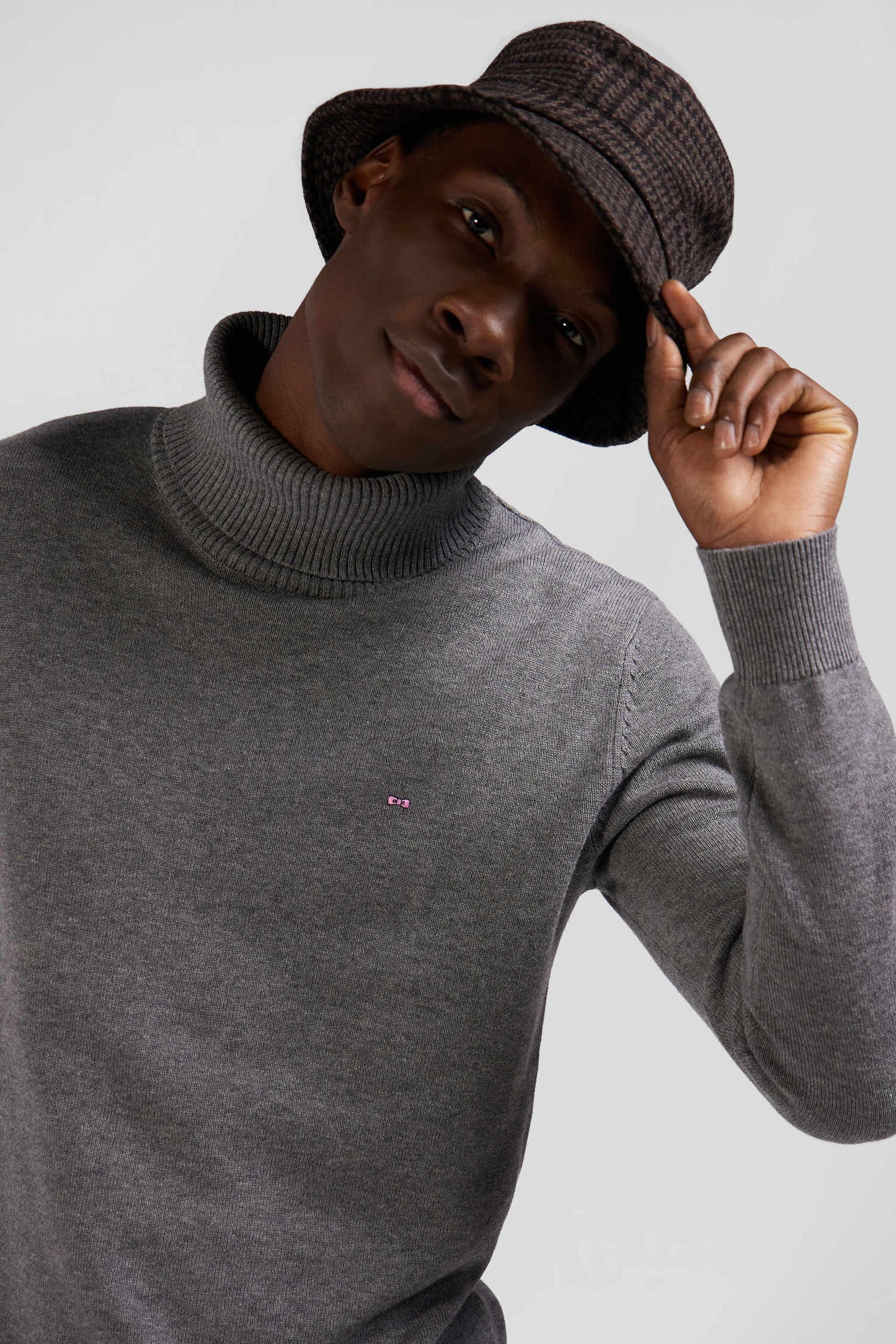 Regular grey wool and cotton turtleneck jumper