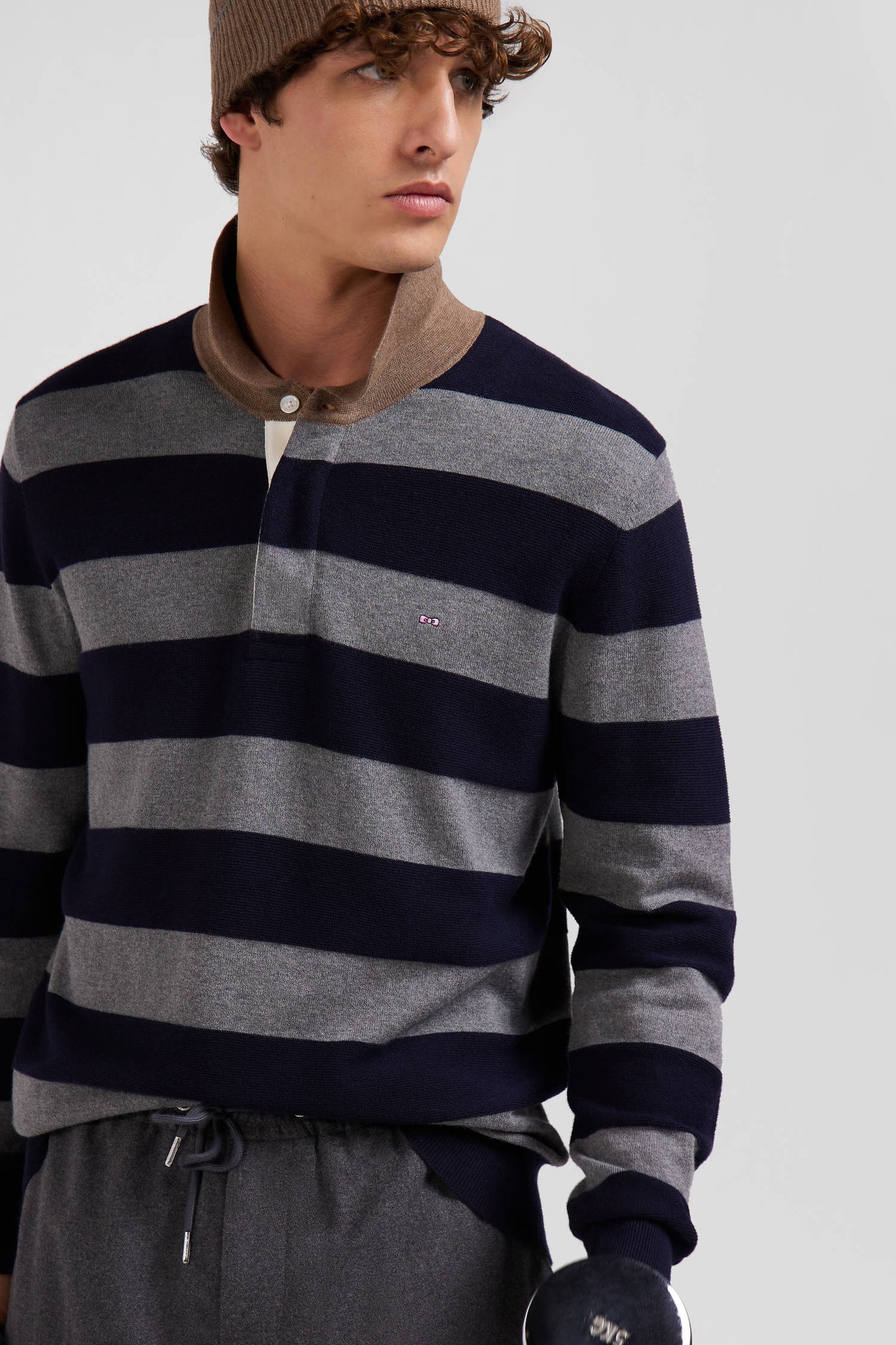 Regular navy blue striped cotton and cashmere jumper with rugby shirt collar