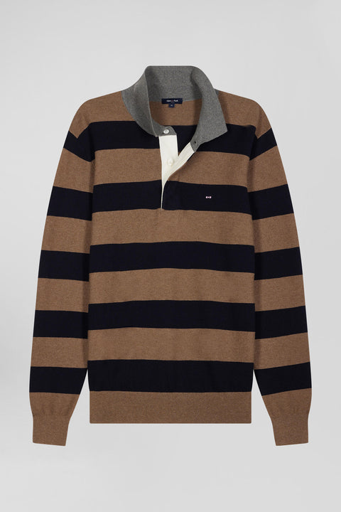 Regular brown striped cotton and cashmere jumper with rugby shirt collar - Image 2