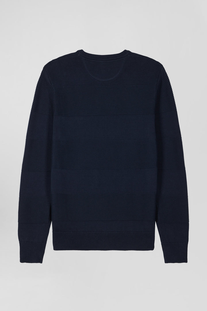 Pull col rond en coton bleu marine à jeux de maille coupe Regular