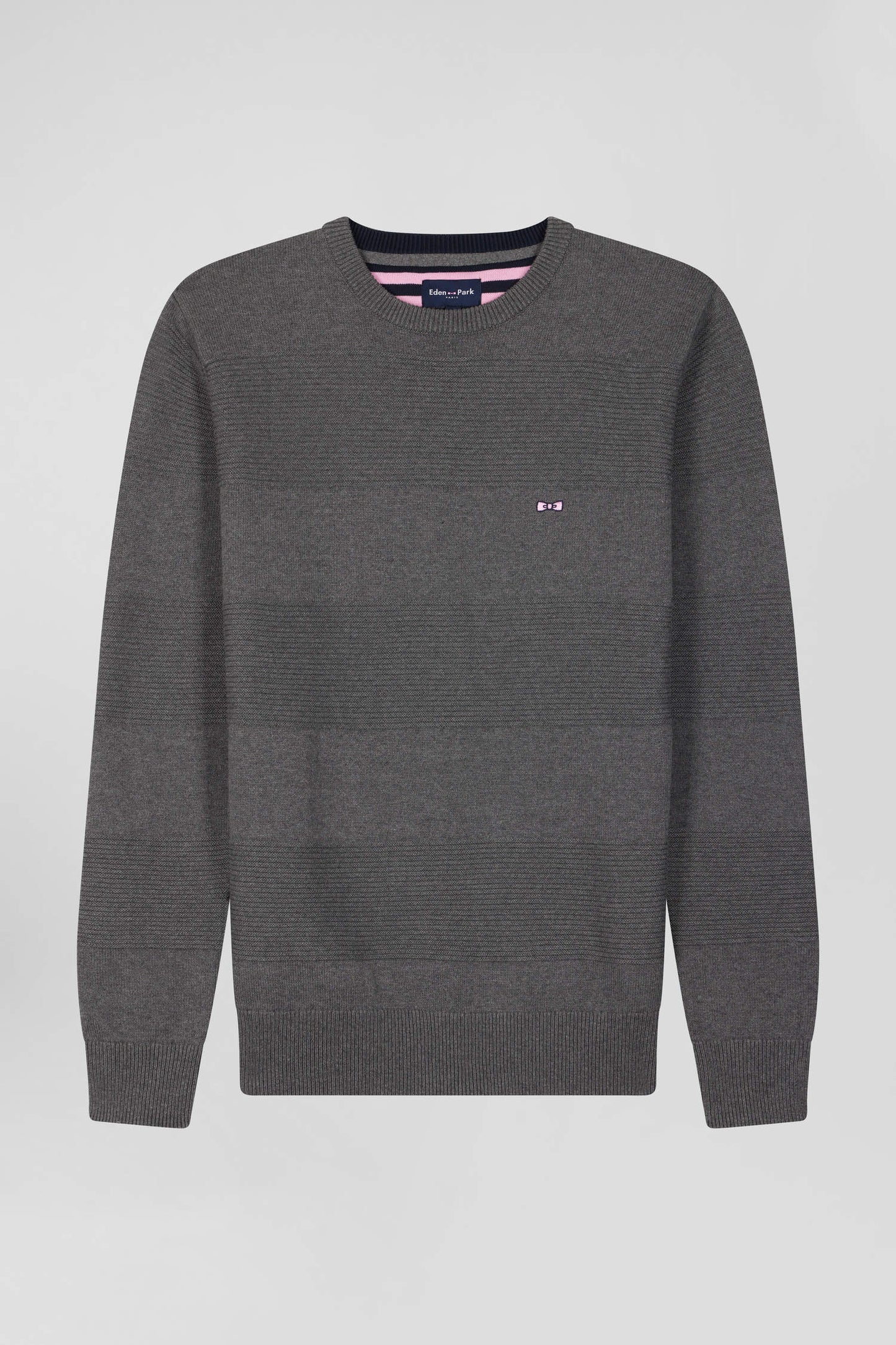 Regular grey cotton crew neck jumper with knit patterns