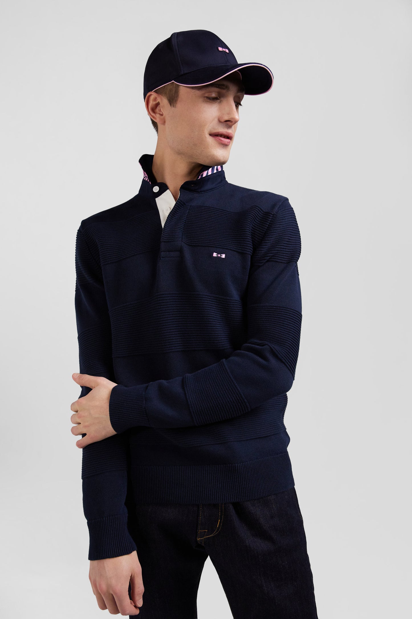 Pull col polo en coton bleu marine coupe Regular