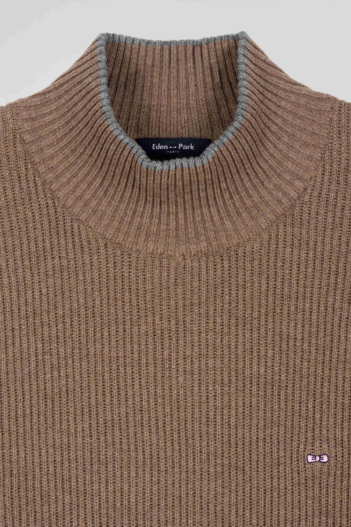 Pull col cheminée en laine et coton marron coupe Regular