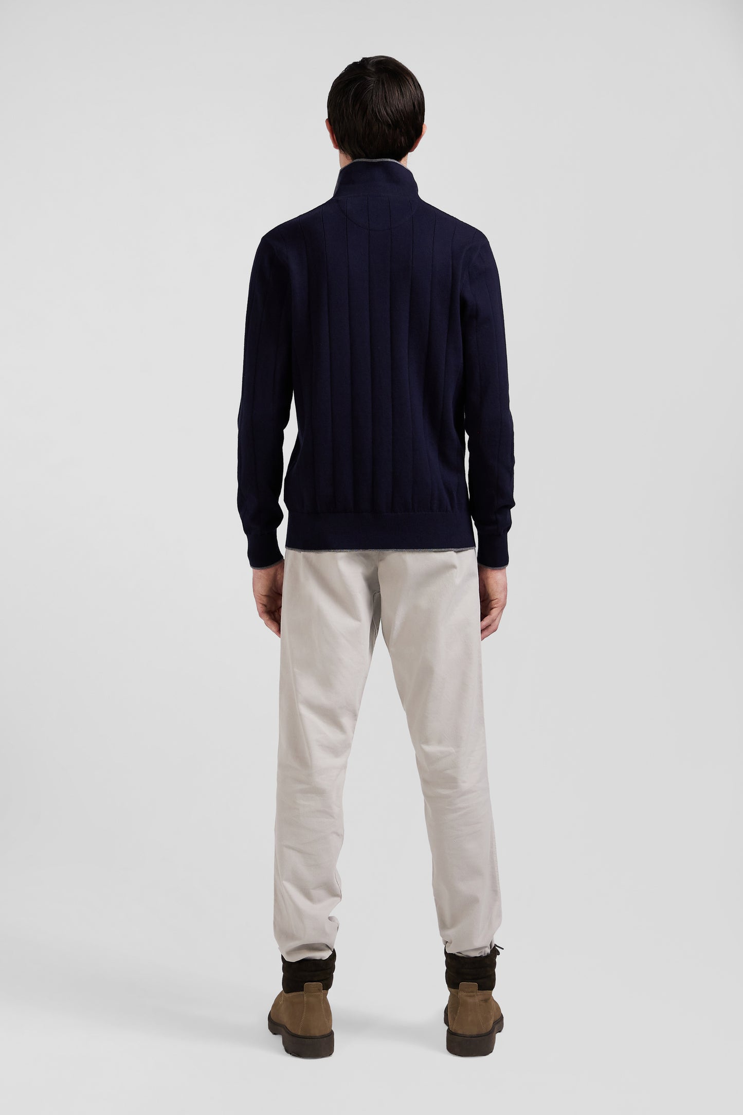 Regular navy blue cotton and cashmere jumper with rugby shirt collar