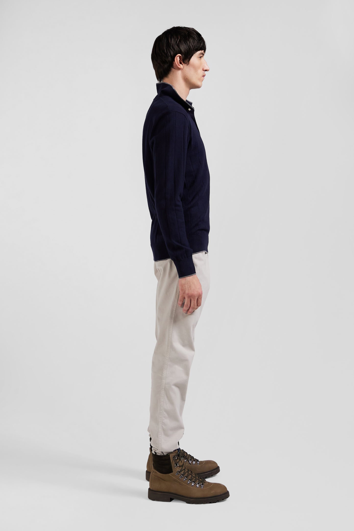 Regular navy blue cotton and cashmere jumper with rugby shirt collar