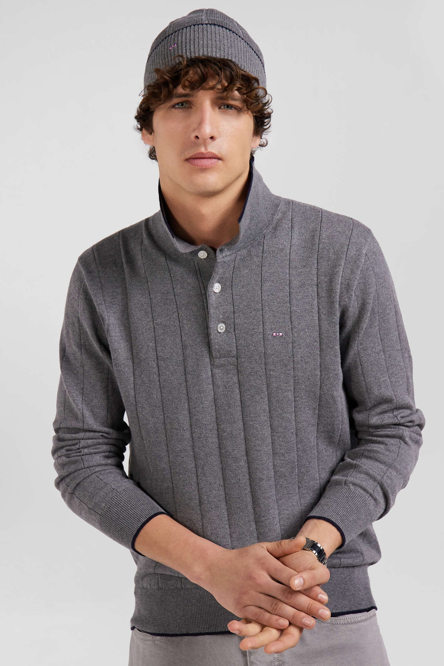 Regular grey cotton and cashmere jumper with rugby shirt collar