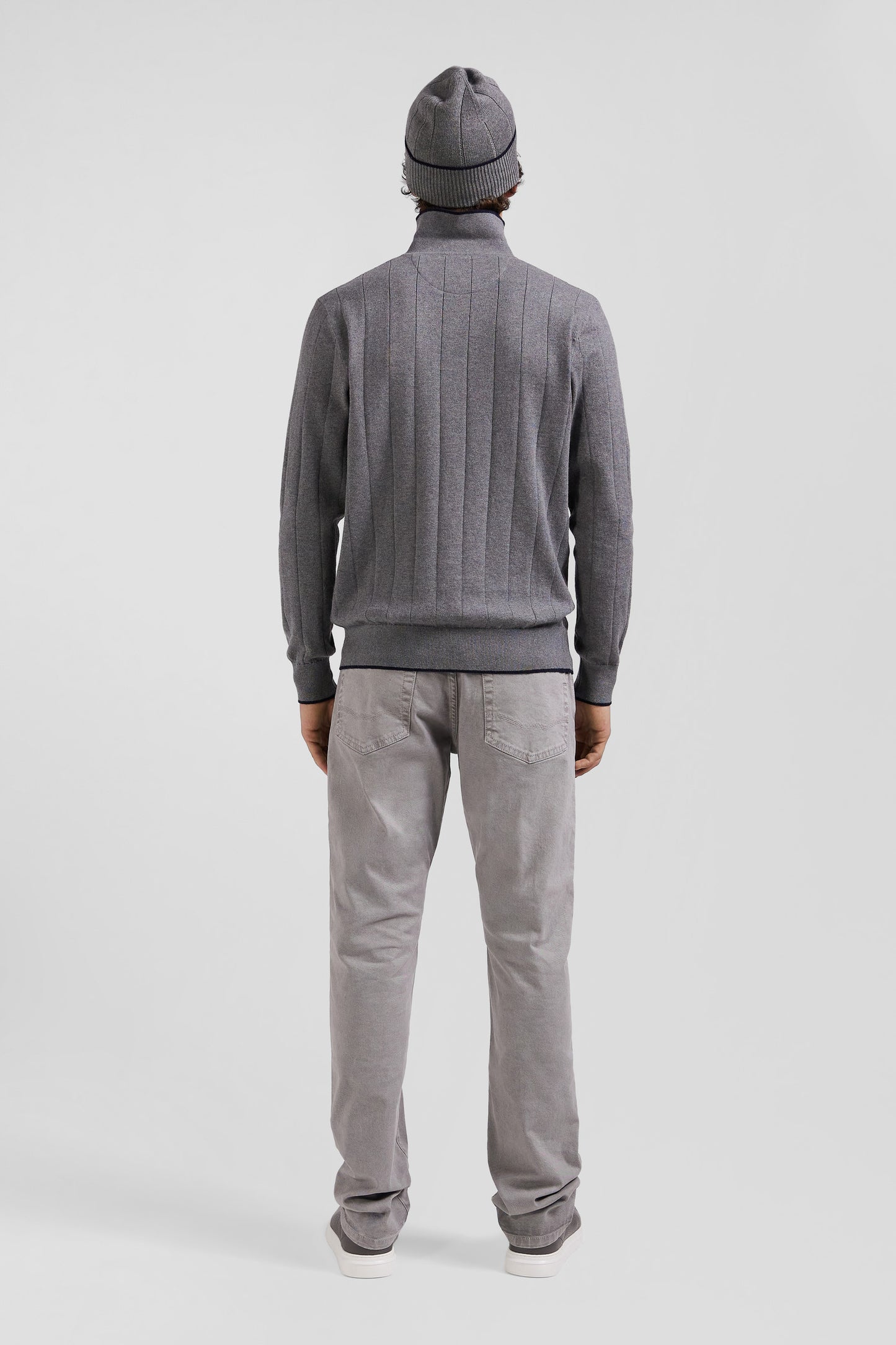 Regular grey cotton and cashmere jumper with rugby shirt collar