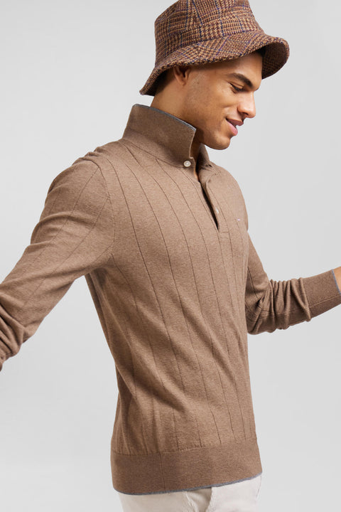 Regular brown cotton and cashmere jumper with rugby shirt collar - Image 3